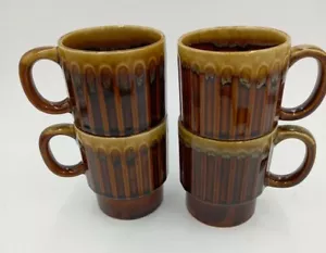 Drip Glaze Stacking Mugs Cup Made In Japan Coffee Tea Brown Vintage 3.5” (Set 4) - Picture 1 of 8