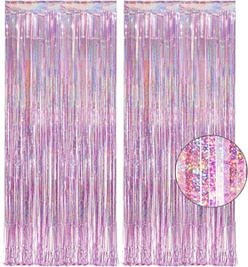 Pink Tinsel Curtain Party Backdrop - Foil Fringe Curtain Lilac Pink Party St... - Picture 1 of 1