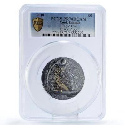 Cook Islands 5 dollars Night Animals Eagle Owl Bird PR70 PCGS silver coin 2018 - Image 1 of 2