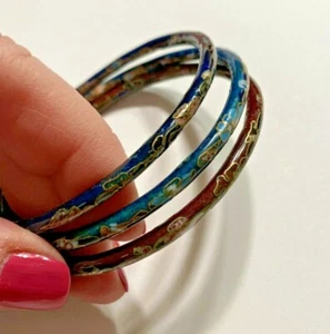 Retro Cloisonne Armreif Armbänder 3 Stück Emaille auf Messing bunt florales Design - Bild 1 von 3