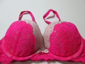 Victoria Secret Bra Size 32B Pink Underwired Push-Up Adjustable Beaded Lace - Picture 1 of 7