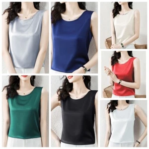 Ladies Satin Silky Vest Tank Top Sleeveless Shirt Strappy Basic Cami Waistcoat - Picture 1 of 18
