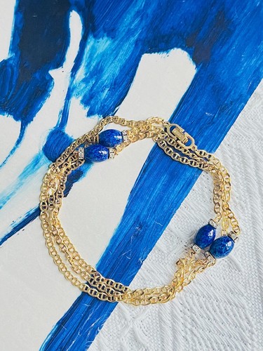 Collana lunga Christian Dior vintage lapislazzuli blu navy ovale cristalli cabochon catena