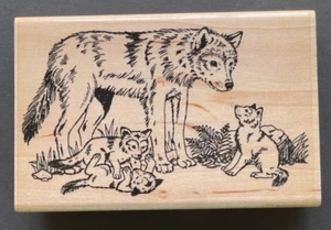 Mother Wolf Cubs Puppies Wild Animal 1347-J Embossing Arts Wood Rubber Stamp - Picture 1 of 4