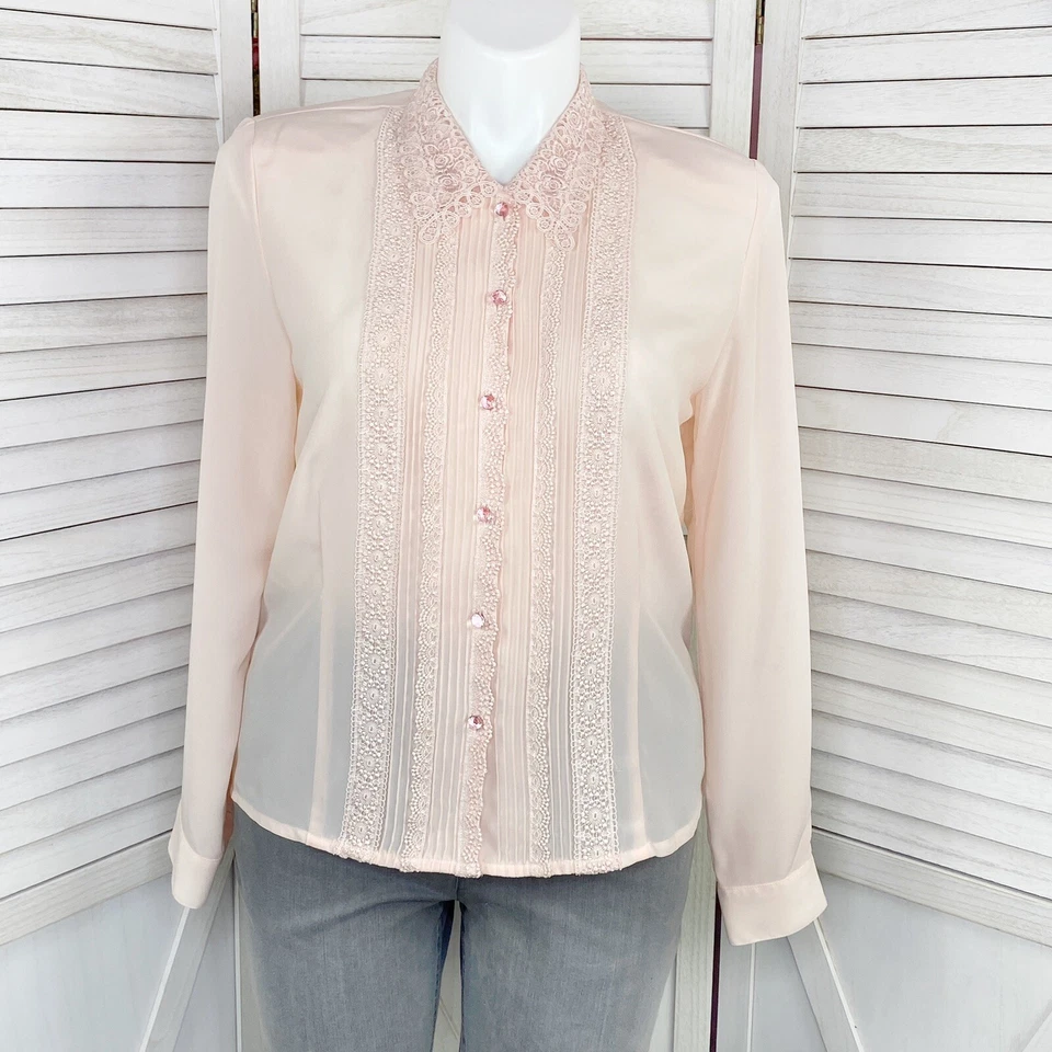 Blusa vintage Kathy Che para mujer 12 pliegues de encaje transparente rosa melocotón delantero Foto 1 de 4