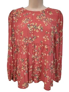 Lily Star Top Salmon Multi Color Long Sleeve Blouse Floral Print Small - Picture 1 of 5