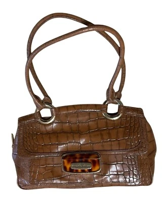 复古 Antonio Melani 钱包挎包 Croc 压花棕色皮革绿色衬里 8x13 — 第 1/4 张图片