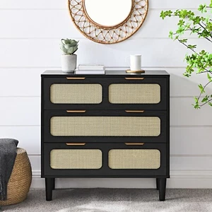 3 Drawer Modern Rattan Dresser Cabinet with Metal Handles, Farmhouse Wood - Picture 1 of 12