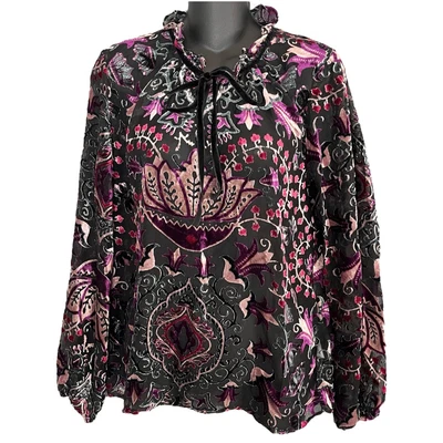 Blusa Top Terciopelo Burnout Mediana Púrpura Capricho Hada Oscura Boho Cuello con Volantes Foto 1 de 4