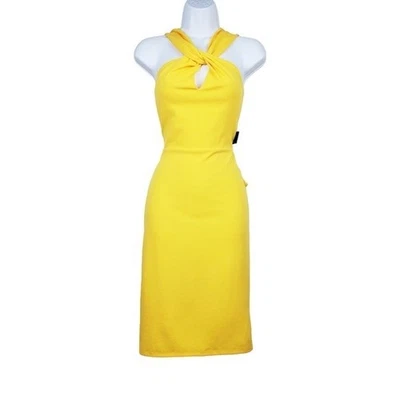 Vestido midi Bebe para mujer sin mangas amarillo ojo de cerradura cuello halter talla 4 nuevo con etiquetas Foto 1 de 4