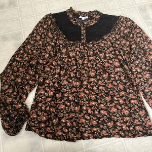 Maurices Floral Print Black Lace Inset Ruffle Collar Long Slv Blouse Size Small - Picture 1 of 5