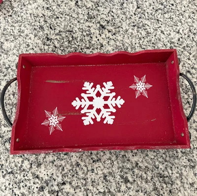 Red Wooden Tray Metal Side Handles White Snowflakes Distressed Finish - Image 1 of 4
