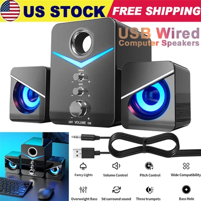 USB Powered Wired Computer Speakers with Subwoofer Stereo Bass 3.5mm LED for PC - Image 1 of 4