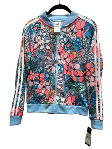 Adidas Floral Print Tricot Jacket Girls Lightweight Blue New With TagsSize XL 16 - Picture 1 of 10