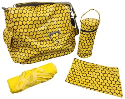Kalencom New Orleans Laminated Diaper Bag Yellow Grey Polka Dot Bottle Holder - Image 1 of 4