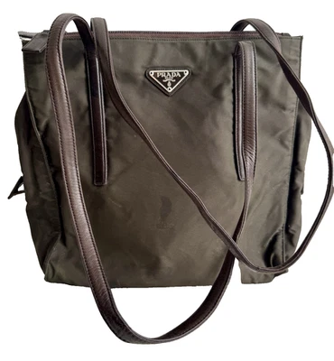 Vtg PRADA Y2K Nylon OLIVE & BROWN LEATHER Shoulder BAG Purse TESSUTO Unisex - Image 1 of 4