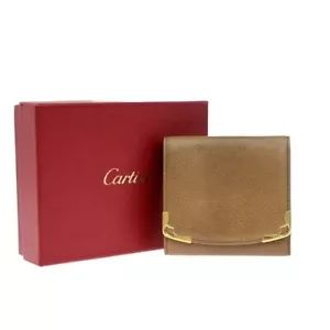 Cartier 2C Logo Trifold Compact Wallet Leather Brown Gold 60ED831 - Picture 1 of 11