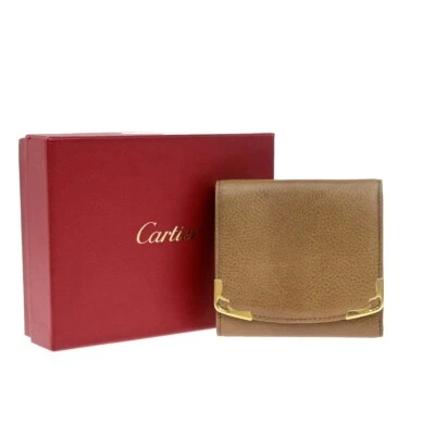 Cartera compacta Cartier 2C Logo triple pliegue cuero marrón dorado 60KP172 Foto 1 de 4
