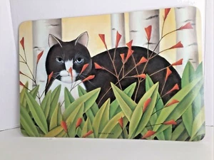 American Pennyroyal Placemat Black White Cat Orange Flowers Cork Back 17x11.5" - Picture 1 of 7