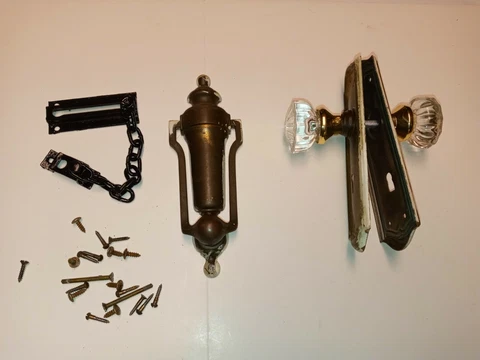 Vintage Lot Brass Door Knocker - Door Lock & Chain & Glass Door Knobs w/ Plates Cover