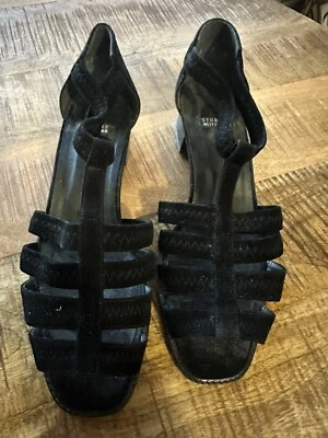 Stuart Weitzman, Suede Shoes, Open Toe, Slingback, 9 1/2, Black, Leather Sole - Image 1 of 4