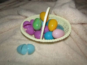 EASTER yellow plastic wicker basket 13 pastel plastic eggs blue bunny(Easter bx) - Picture 1 of 4