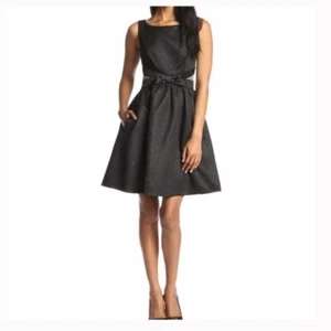ERIN FETHERSTON BLACK TEXTURE FIT & FLARE DRESS SZ 2 XS BOW LACE COCKTAIL LBD - Picture 1 of 11