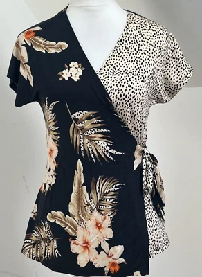 M&Co Wrap Top Black & Beige Animal Print & Floral Size 10 Cottagecore Summer - Image 1 of 4
