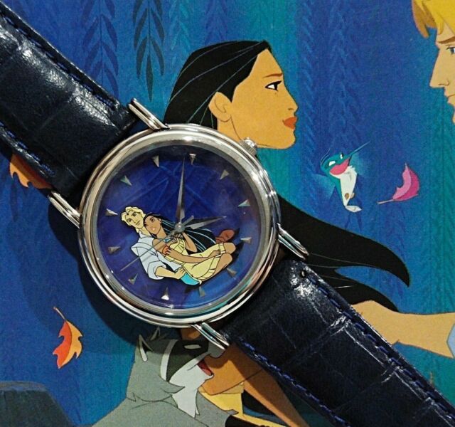 Disney Store POCAHONTAS LE (7500) Fossil Watch of POCAHONTAS + JOHN SMITH  in Wood Music Box, 1996