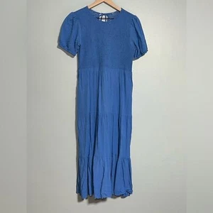 Gesmoktes Midikleid Rundhalsausschnitt hinten Schlüsselloch zum Binden Puffärmel Stufen Gr. M - Bild 1 von 6