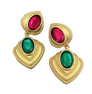 Etruscan Revival Earrings Matte Gold Pink Green Rhinestones Clip On Dangle - Picture 1 of 6