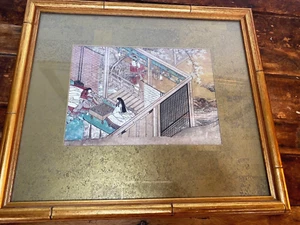 Vintage AUFWENDIGER JAPANISCHER DRUCK VON HAUS/GARTEN MIT GOLDENEM BAMBUSRAHMEN UND MATTEN - Bild 1 von 8