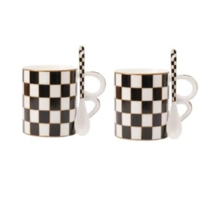 Checker Porcelain 18-ounce Mug Set of 2 with Teaspoon Coffee Mugs Tea Mugs - Picture 1 of 5