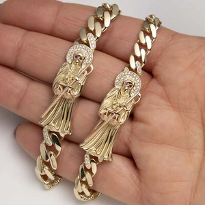 CZ Santa Muerte Cuban Link Chain Bracelet Box Lock Real 10K Yellow Rose Gold - Picture 1 of 4