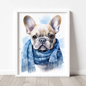 Bulldog francés con estampado de bufanda de invierno, pintura en acuarela, retrato de mascota - Imagen 1 de 10