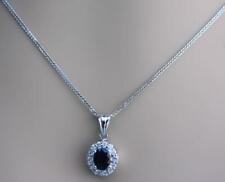 Natural 2ct Blue Sapphire Diamond Pendant Necklace 14k White Gold