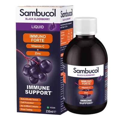 Líquido Sambucol Black Elderberry - Immuno Forte | Sin azúcar añadido | 230 ml | Vitamina Foto 1 de 2