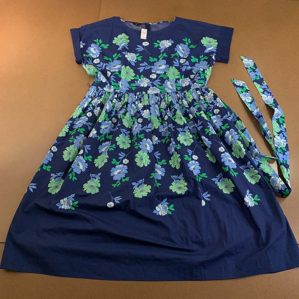 Talbots Womens 16 Blue Cotton Floral Crew Neck Modern Poplin A-Line Dress NWT - Image 1 of 4