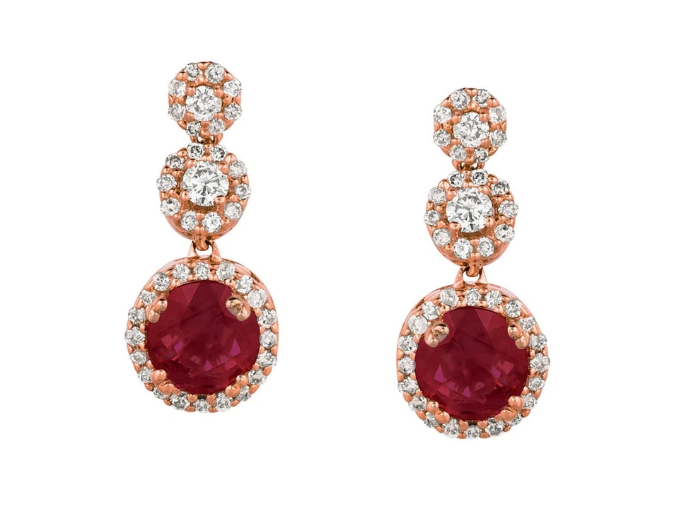 Pendientes colgantes de oro rosa de 14k con rubíes rojos y diamantes blancos, peso total de 2,4 g Foto 1 de 1