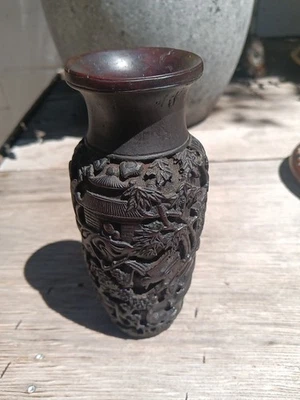 Jarrón inmortal chino negro marrón resina tallada cinabrio-como escenas caseras Foto 1 de 4