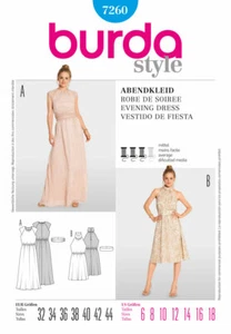 Burda Patrón de Costura 7260 Falta Vestido de Noche Alagador Vestido de Cóctel Talla 6-18 - Imagen 1 de 2