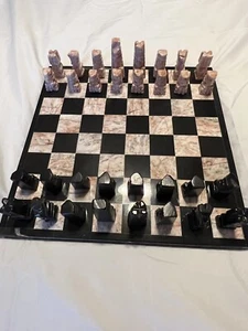 Marble Hand Carved Charcoal and Rose Chess Set 13.75in Beautiful Set!!! - Picture 1 of 10
