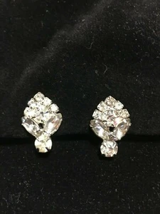 Vtg 50's-60's Silver Rhinestone Earrings Clip Cluster Prong Set Floral Bouquet - Picture 1 of 6