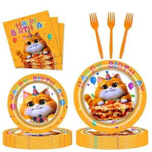 96PCS Cat Party Plates Forks Napkins Sets Cute Cat Paper Plates Disposable Ta... - Picture 1 of 7