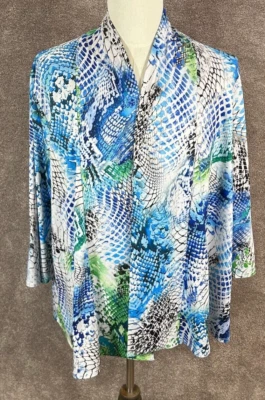 Cárdigan Marca Slinky Para Mujer 1X Azul Verde Estampado Animal Frente Abierto Hecho en EE. UU. Foto 1 de 4