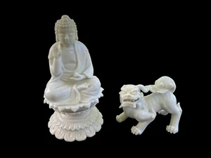 PORZELLAN BUDDHA STATUE + FU HUND BESCHÜTZER KOMPLIZIERTE BUDDHISMUS KUNST SKULPTUREN - Bild 1 von 15