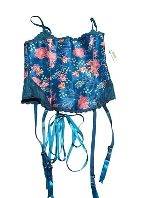 ОБОЖАЮ МЕНЯ Zoie цветочный синий корсет верхний бюстье с подвязками ремни SZ M с ярлыком - Изображение 1 из 4