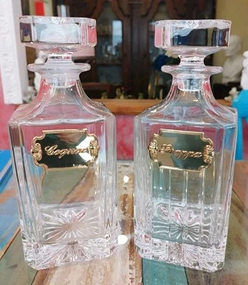 Coppia Bottiglie Cristallo Piombato RCR E Lamina Punzonata Argento 925 - Immagine 1 di 4