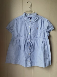 VTG Ralph Lauren Girl Size 6X Blue/White Stripe Ruffle Button-Down Top Cotton - Picture 1 of 6