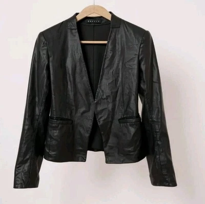 Chaqueta Blazer Theory Para Mujer Negra Piel de Cordero Cuello en V Ajustada Cuello en V Abierta! 00 Foto 1 de 4